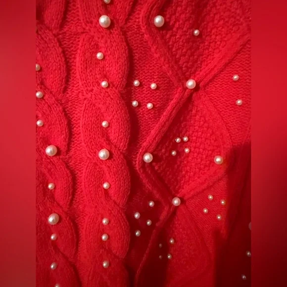 Francesca’s Beverly Pearl Embellished Cable Pullover Sweater Red - Picture 2 of 7